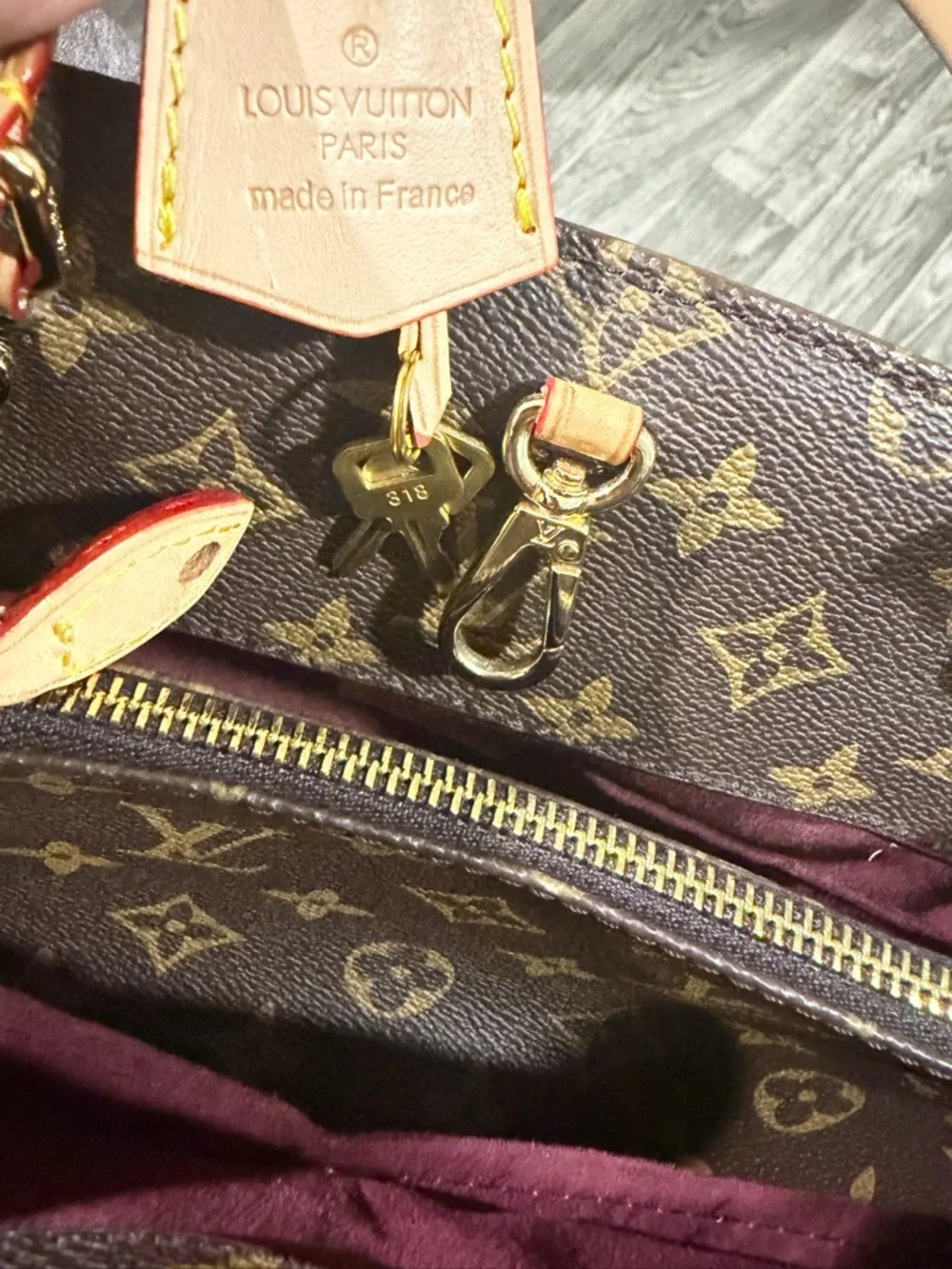 Louis Vuitton Monogram Canvas Satchel with Tan Handles and Red Trim